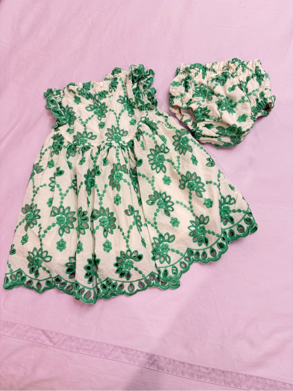 Pink Chicken Baby Girl White and Green Embroidered Kids Bottoms